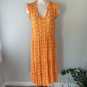 Ivy Ruffle Tiered Floral Midi Dress Orange White Boho Cottagecore Bohemian
